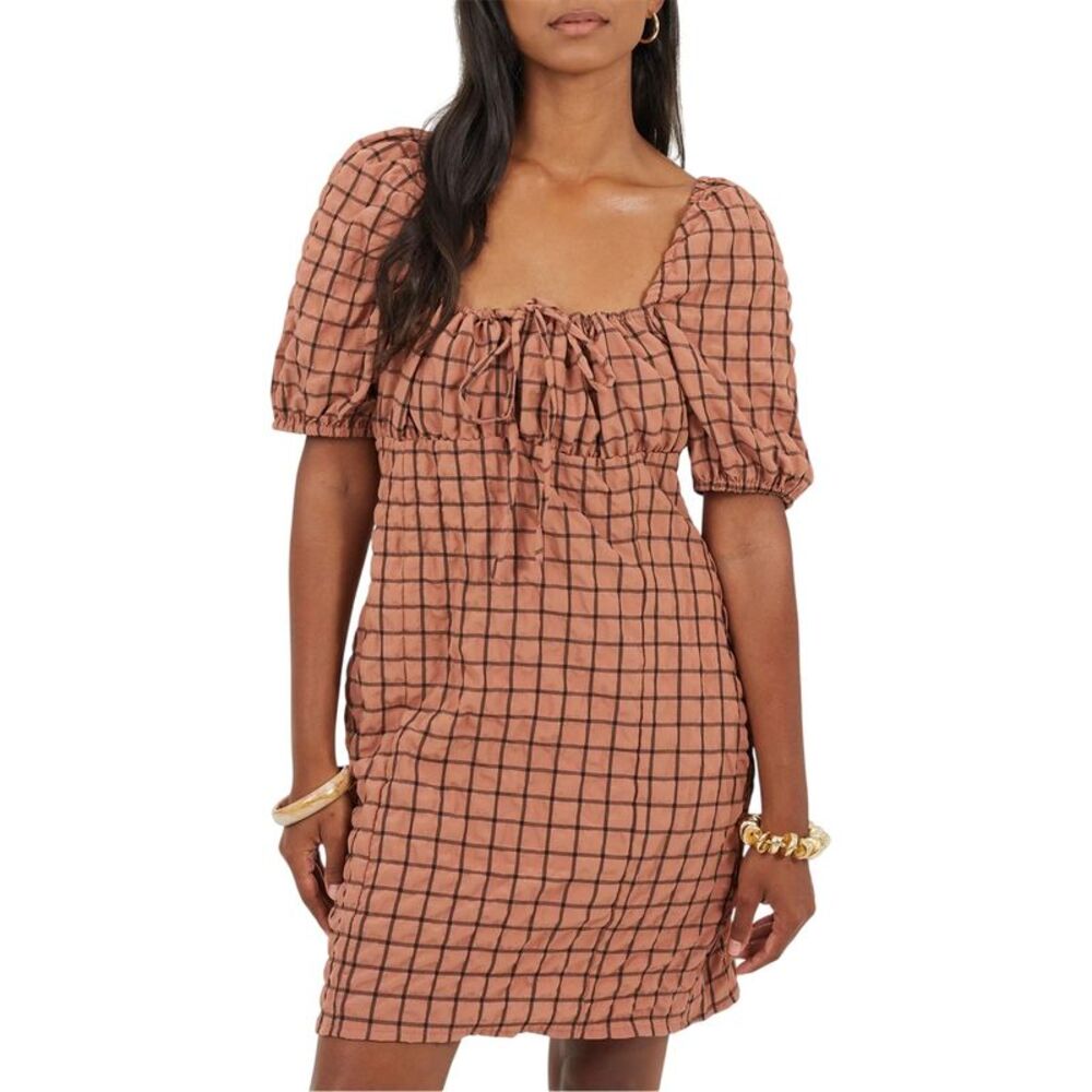 Brave Soul Womens/Ladies Checked Square Neck Puff Sleeve Mini Dress / Rust/Black